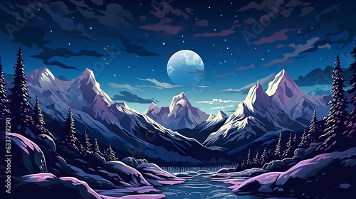 Snow peaks and glaciers on the dark sky landscape illustration. 
