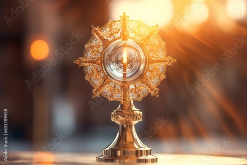 The golden monstrance with a little transparent crystal center, consecrated host. church defocused background.  photo