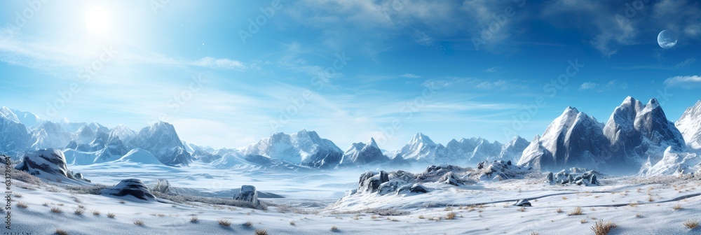 Vast desolated snow land, big mountains in the background, snowfall with light blue sky and light blue colors, peaceful atmosphere,  