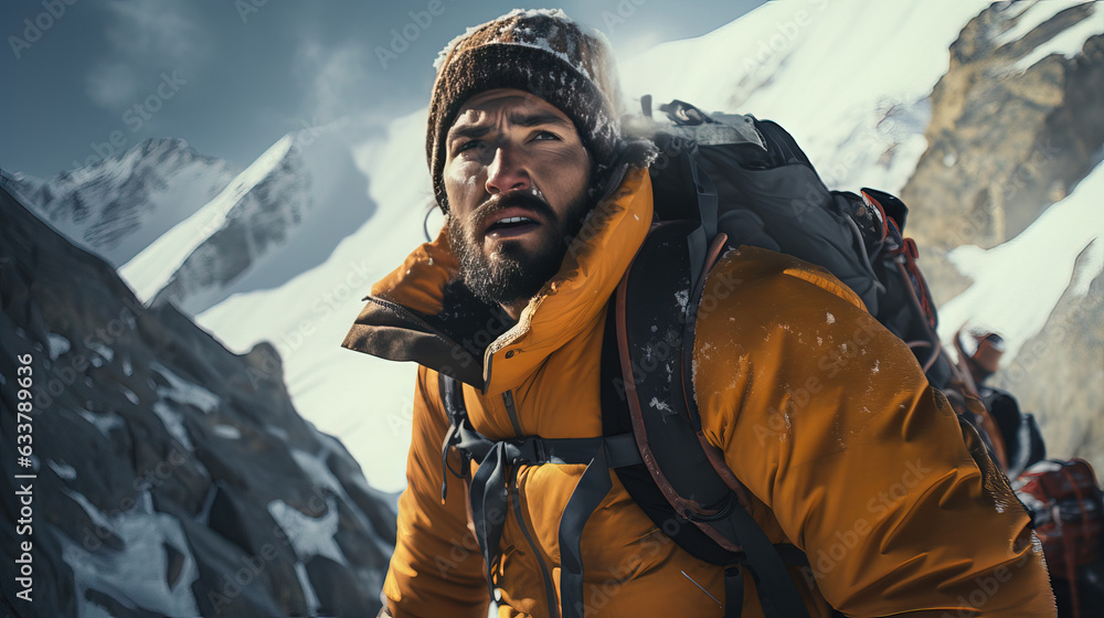 Resilient Bearded Adventurer Ascending Mountain Peak in Vibrant Yellow Jacket