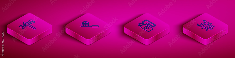 Set Isometric line Dragonfly, Butterfly net, Pressure sprayer and Beetle deer icon. Vector Set Isometric line Dragonfly, Butterfly net, Pressure sprayer and Beetle deer icon. Vector