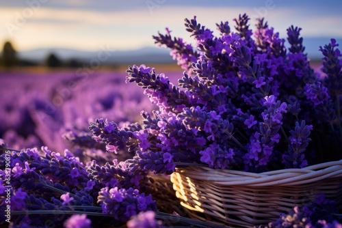 Photo of a vibrant basket of lavender flowers in a picturesque field created with Generative AI technology