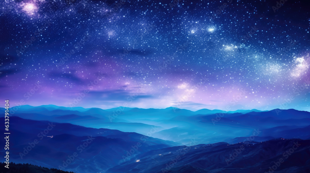 Milky Way and pink light at mountains. Night colorful landscape. Starry sky with hills at summer. Beautiful Universe. Generative AI