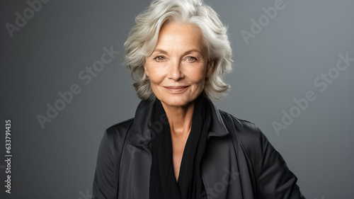 Beautiful gorgeous 50s mid age beautiful elderly senior model woman with grey hair smiling. Mature old lady close up portrait. 
