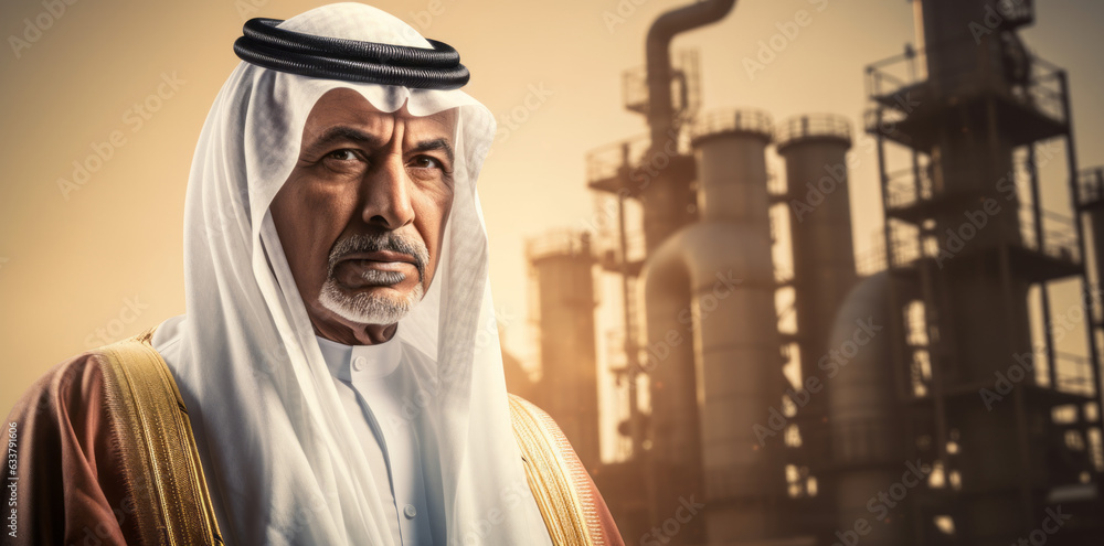 Successful Muslim Arab businessman with an oil pump, oil refinery plant in the background. Successful Saudi, Emirati, Arab businessman. wide format panorama background. Generative AI.