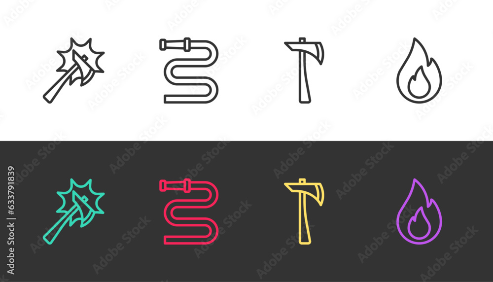 Obraz premium Set line Firefighter axe, hose reel, and flame on black and white. Vector