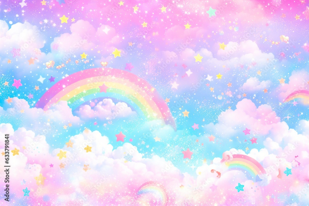 Fantasy sky rainbow. Fairy skies rainbows colors, magic landscape and dream sky. 