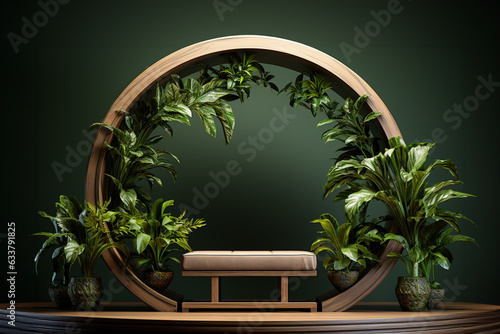 3d render product podium with natural plant surrounding around it  blurred background