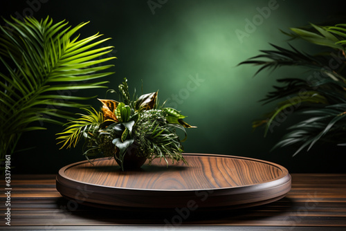 3d render product podium with natural plant surrounding around it  blurred background