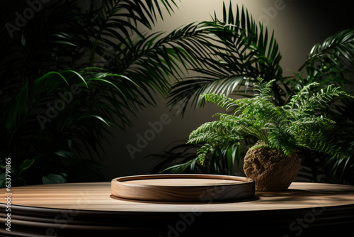 3d render product podium with natural plant surrounding around it, blurred background