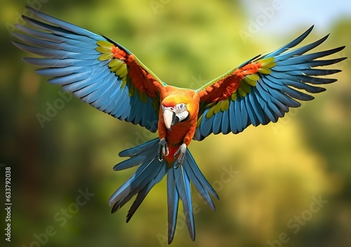 Flying macaw, beautiful bird. 
