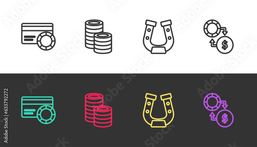 Set line Credit card, Casino chips, Horseshoe and exchange on money on black and white. Vector