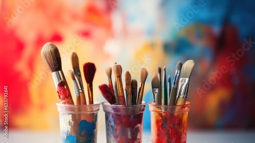 Paint brushes and palette. Artist's workplace.