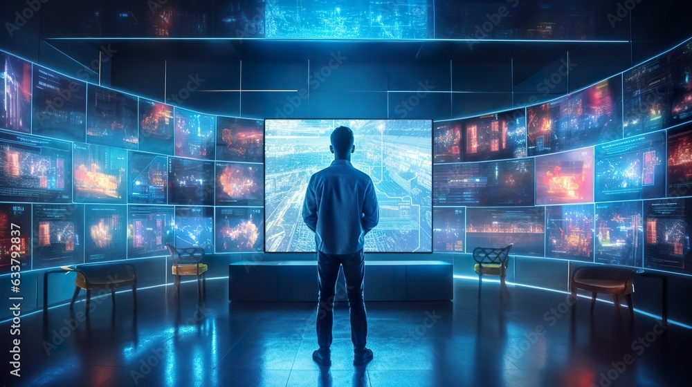 A person watching a video wall with multimedia images on different television screens.  - obrazy, fototapety, plakaty 