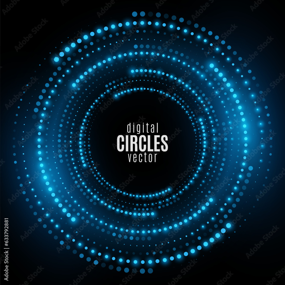 Digital circles of blue glowing dots. Big Data visualization into cyberspace with swirl energy. Network Information. Futuristic modern background. Vector illustration.