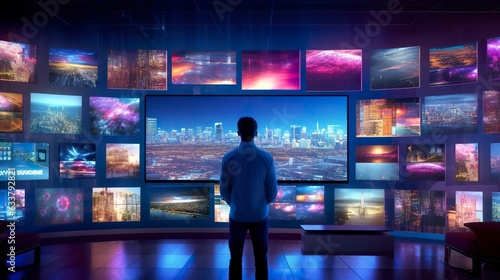 A person watching a video wall with multimedia images on different television screens. 