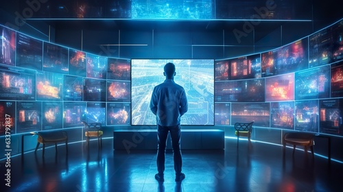 A person watching a video wall with multimedia images on different television screens.  photo