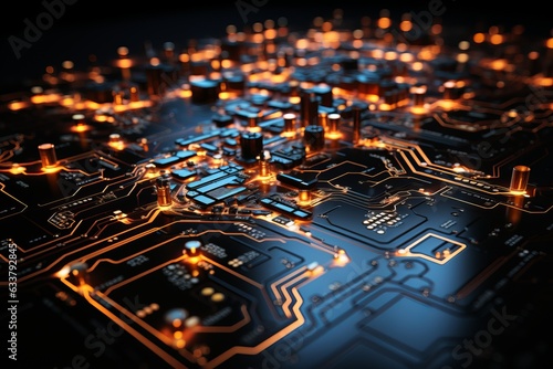 A macro image of a processor or a graphic card, technological device storing memory, hardware close-up, neon led lights. Generative AI technology