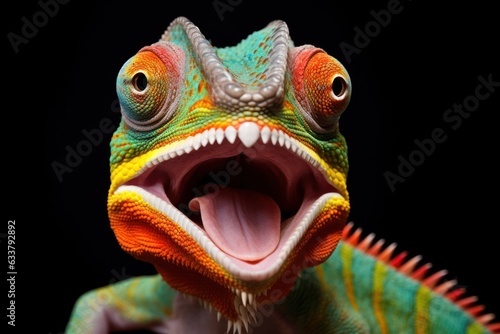 Studio portrait of happy surprised chameleon with open mouth.