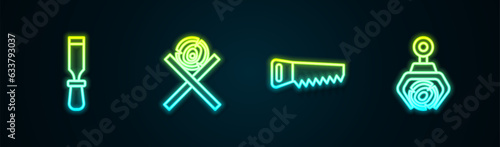 Set line Chisel tool, Wooden logs on a stand, Hand saw and Grapple crane grabbed. Glowing neon icon. Vector