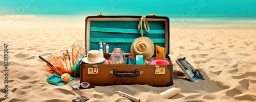 Beach Preparation  Accessories In Suitcase On Sand. 