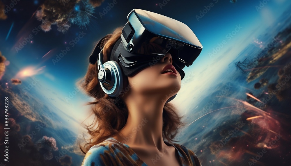 Woman Engaged in a Surreal World Through VR Headset. Generative ai Woman Engaged in a Surreal World Through VR Headset. Generative ai