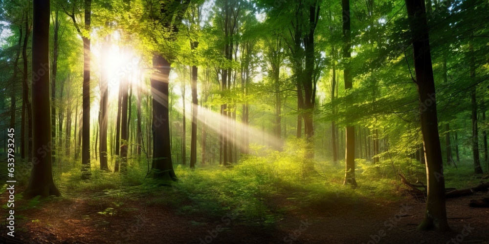 Obraz premium Beautiful rays of sunlight in a green forest. 