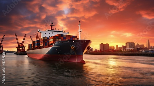 Container Cargo Ship with Working Crane Bridge in Shipyard, Sunset Background. Generative ai