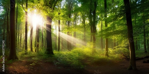 Beautiful rays of sunlight in a green forest.  © MSTSANTA
