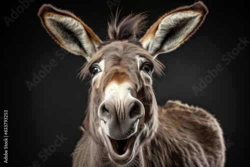 Happy surprised donkey with open mouth.