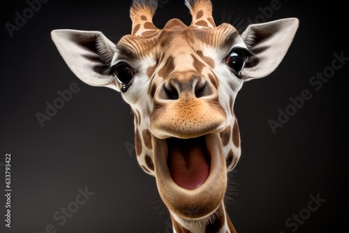 Happy surprised giraffe with open mouth.