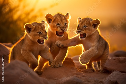 a group of young small teenage lions playing with each other and roaring in the desert, ultra wide angle lens