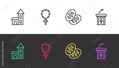 Set line Church building, Rosary beads religion, Christian bread and sermon tribune on black and white. Vector