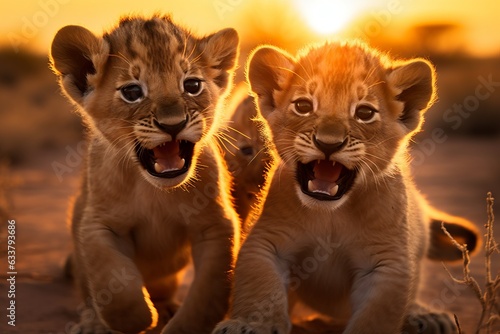 a group of young small teenage lions playing with each other and roaring in the desert, ultra wide angle lens