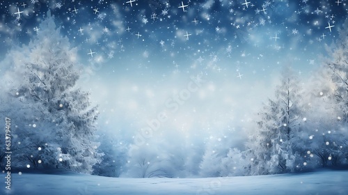 Snowy background with bokeh trees and baubles 