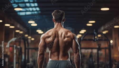 Muscular Man's Back View Standing in a Gym. Generative ai