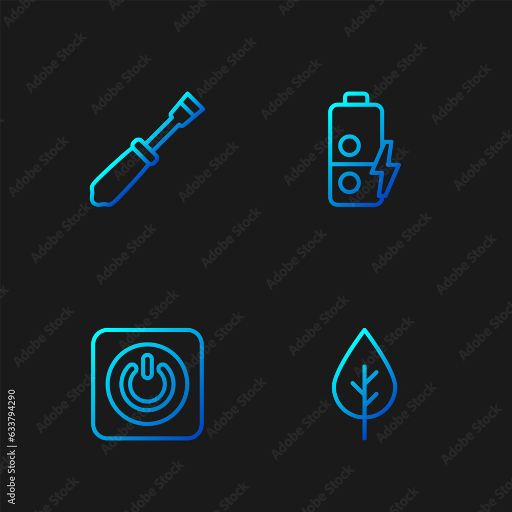 Set line Leaf Eco symbol, Power button, Screwdriver and Battery charge. Gradient color icons. Vector Set line Leaf Eco symbol, Power button, Screwdriver and Battery charge. Gradient color icons. Vector