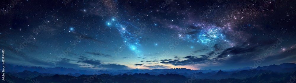 Panorama dark blue night sky, milky way and stars on dark background, Universe filled with stars, nebula and galaxy,  AI Generative