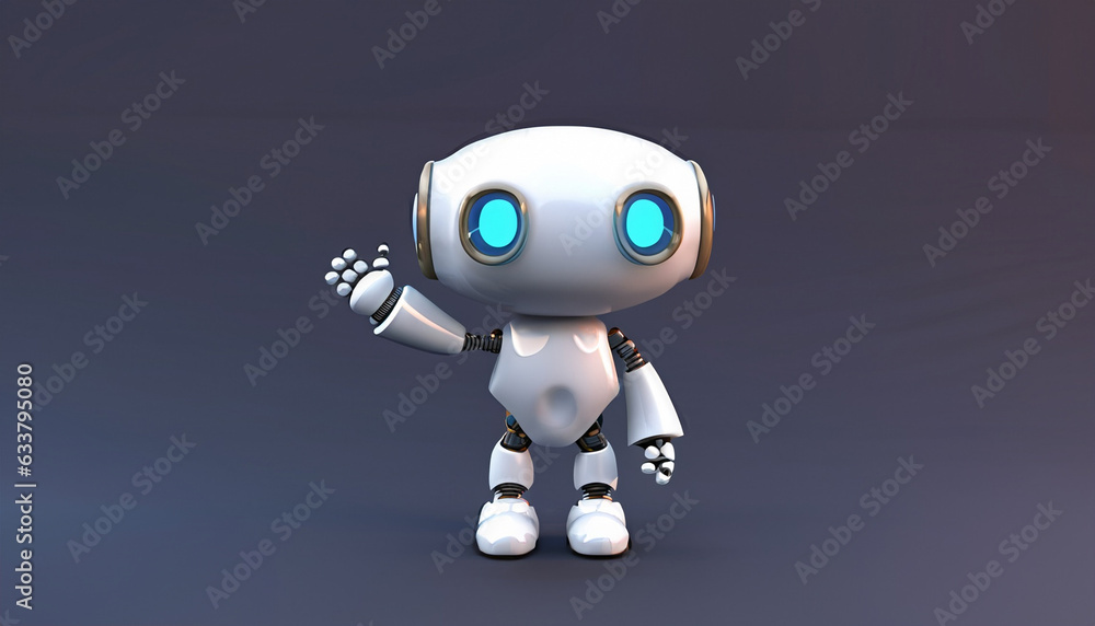 Happy cute robot isolated. Friendly robot waving with a smile, 3D rendering illustration Happy cute robot isolated. Friendly robot waving with a smile, 3D rendering illustration
