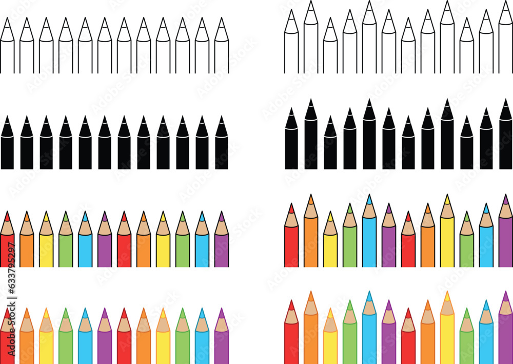 Colored Pencil School Themed Border Clipart - Outline, Silhouette & Color