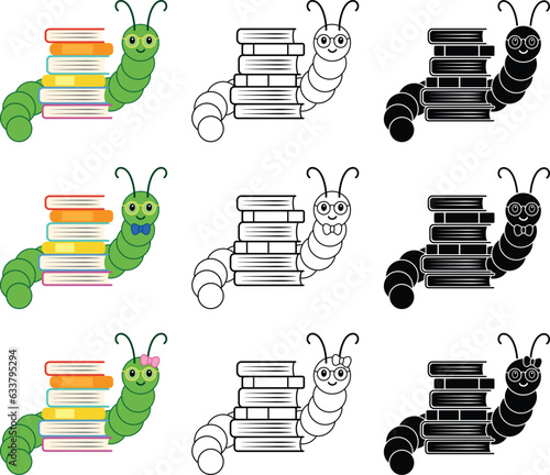 Cute Caterpillar or Bookworm With A Stack of Books Clipart - Outline, Silhouette & Color