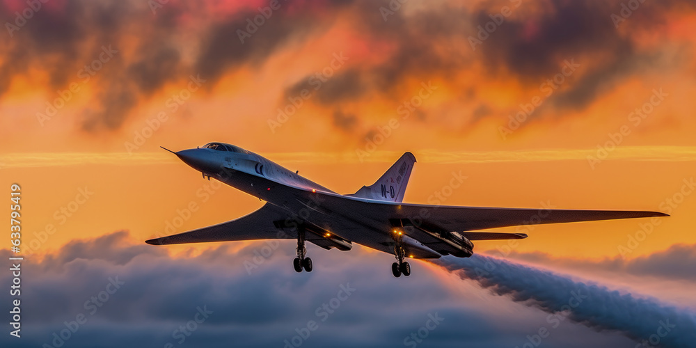Exterior view of Concorde airplane as representation of generic supersonic plane, symbol of the future of the passenger aviation - Generative AI