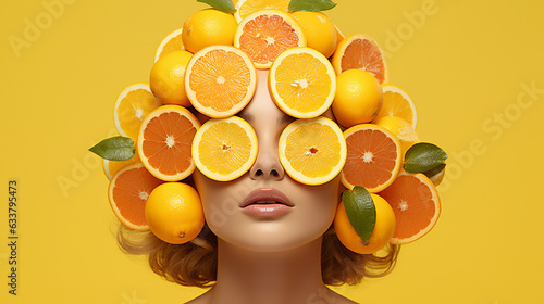 girl with oranges.Radiant Beauty: Girl Embracing Citrus Elegance.  Health concept. AI