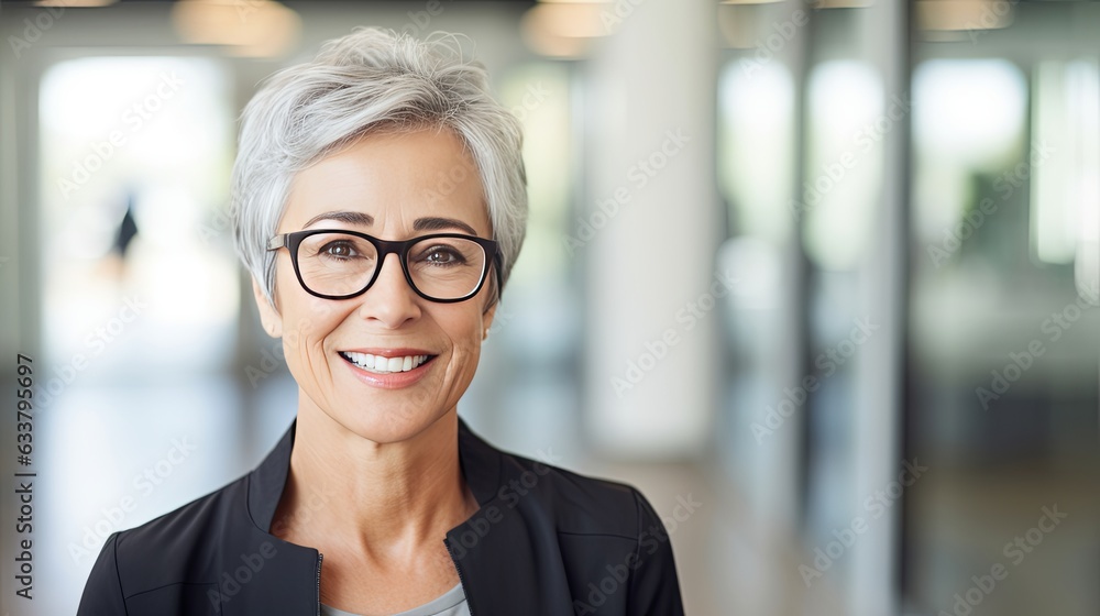 Portrait of a senior businesswoman standing in office. Female entrepreneur with short hair and business casuals looking at camera.,ai generate Portrait of a senior businesswoman standing in office. Female entrepreneur with short hair and business casuals looking at camera.,ai generate