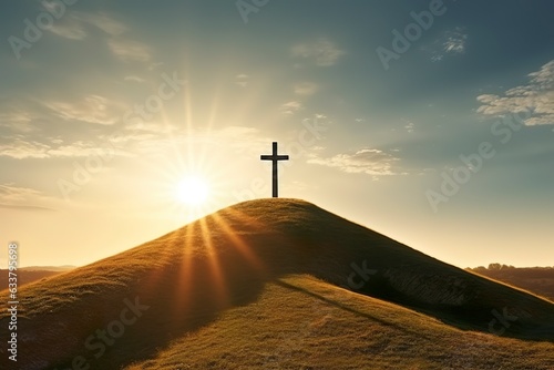 The cross of God in the rays of the sun. Cross on the hill. Religious concept. AI Generative