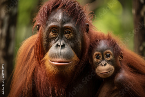 Female orangutan with her baby in the wild