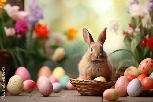 A rabbit sitting in a basket surrounded by easter eggs. Easter decorations.