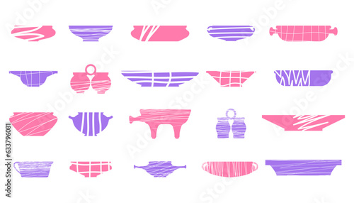 Modern, colorful collection of ceramics plates. Vector flat illustration set. Side view. Silhouette pots with simple line doodle style. Cartoon cute dishes for design