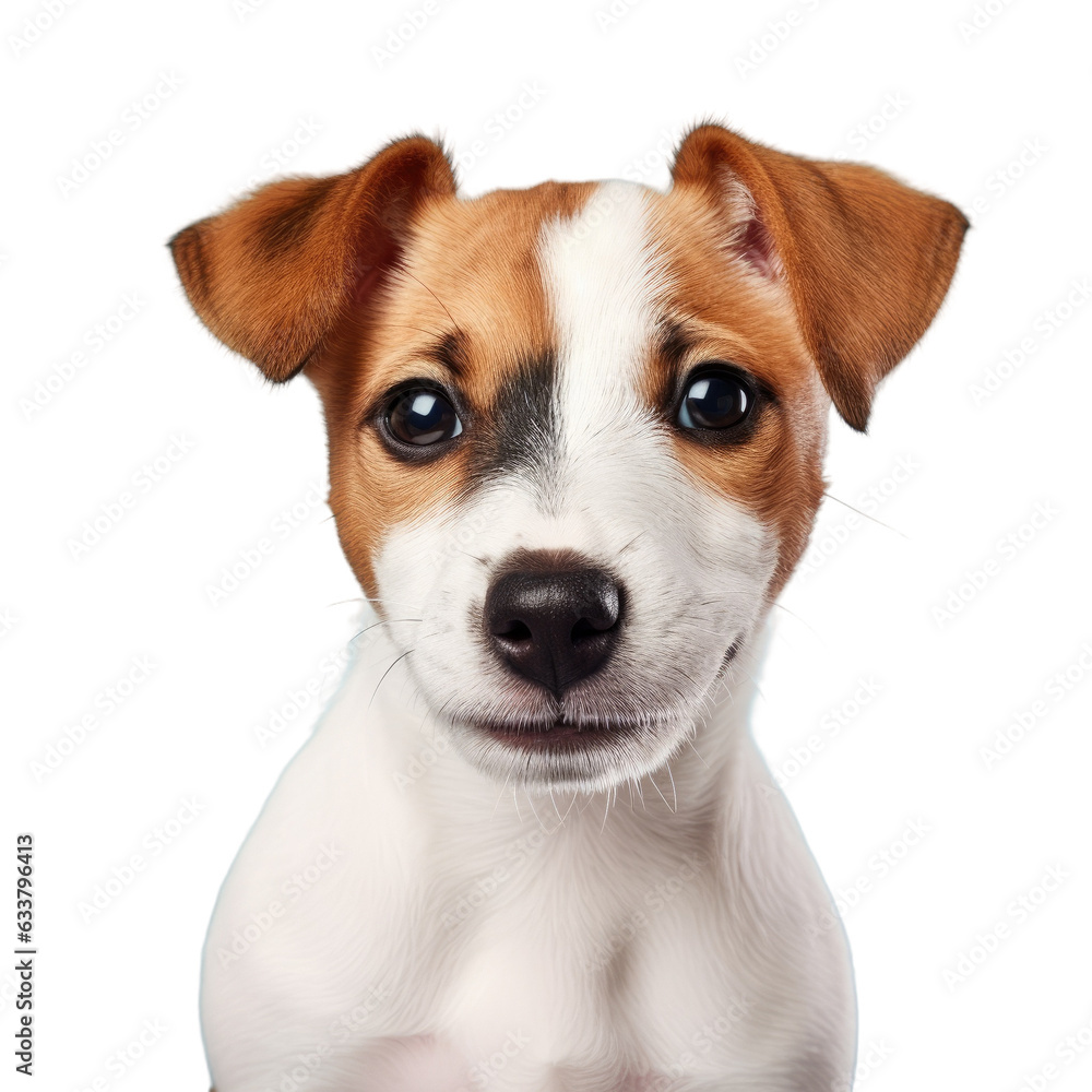 Adorable Jack Russell terrier puppy closeup on transparent background with copyspace for ad or design