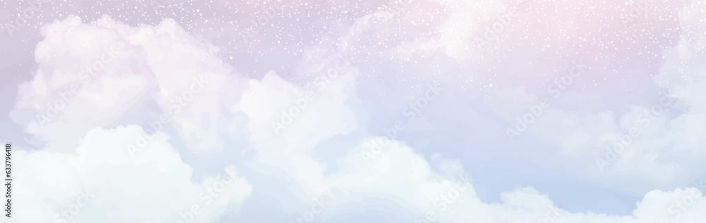 Sugar cotton purple clouds vector design background. Glamour fairytale backdrop. Plane sky view with stars and sunset